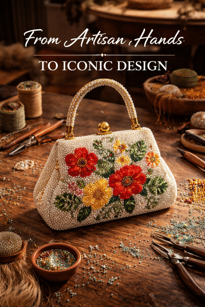 generate realastic beaded bag image for the title  From Artisan Hands to Iconic Design